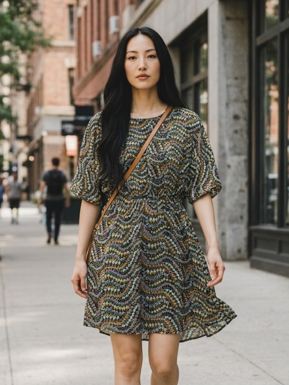 LOFT Black Multi-Print Short Puff-Sleeve Mini Dress
